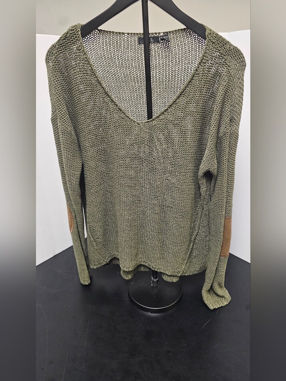 RDI Olive Green Scoop Neck Knit Sweater with Tan Elbow Patches